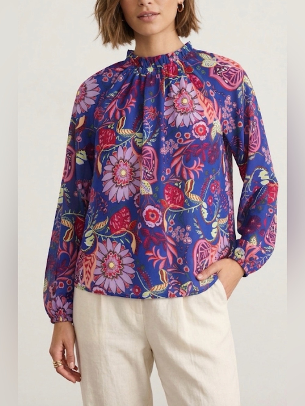 Jodifl Flower Print Bubble Sleeve Top L ART MAXIMALIST FORMAL PARTY